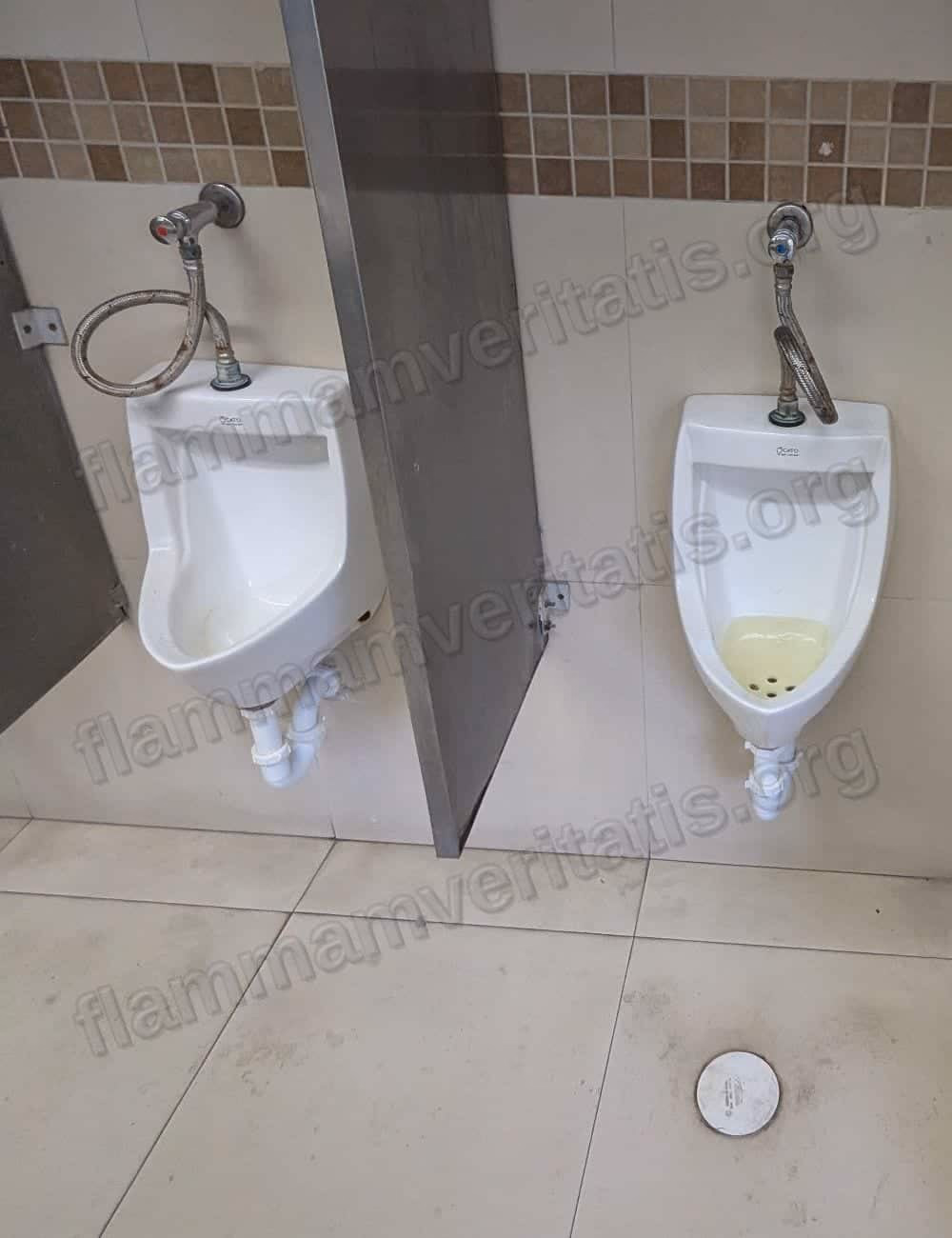 Dos mingitorios en un baño con divisiones metálicas; el de la derecha tiene orina acumulada sin vaciar en el fondo.