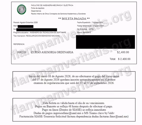 Boleta oficial de FIME, Recibo Interno de Otros Conceptos de Servicios Académicos y Escolares, periodo agosto-diciembre 2026, con el cargo de Curso Asesoría Ordinaria de $2,400.00, concepto 000219, tipo de inscripción Regularización/Abandono Nacional. El nombre, la matrícula del alumno y el código de barras con el número de referencia que los reproduce están cubiertos con una franja negra antes de publicar la imagen.