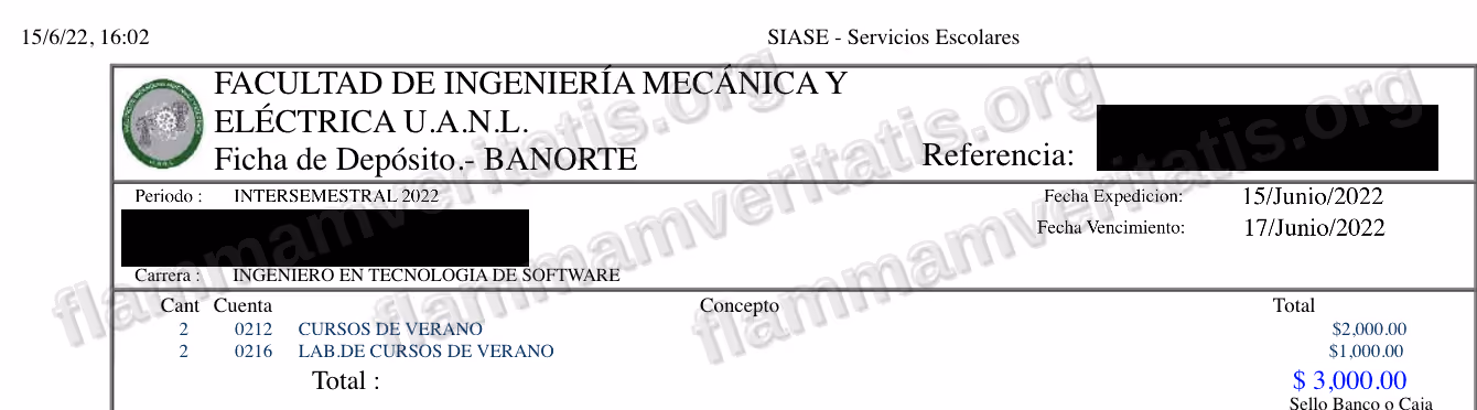 Boleta oficial de FIME, Ficha de Depósito-Banorte, periodo Intersemestral 2022, con dos conceptos: Cursos de Verano ($2,000 por 2 unidades) y Lab. de Cursos de Verano ($1,000 por 2 unidades), total $3,000. El nombre, la matrícula del alumno y el número de referencia que la reproduce están cubiertos con una franja negra antes de publicar la imagen.