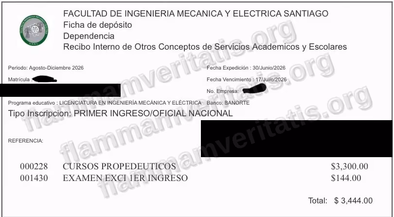 Boleta oficial de FIME, Recibo Interno de Otros Conceptos de Servicios Académicos y Escolares, periodo agosto-diciembre 2026, con los cargos de Curso Propedéutico ($3,300.00) y Examen EXCI de primer ingreso ($144.00), total $3,444.00, para un alumno de primer ingreso oficial nacional. El nombre, la matrícula, el número de empresa y el código de barras con el número de referencia están cubiertos con una franja negra antes de publicar la imagen.