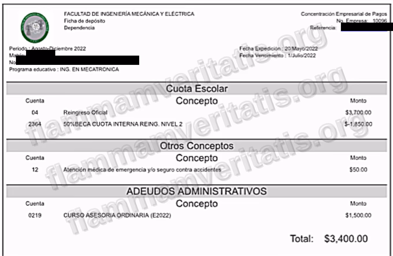 Boleta oficial de FIME, Ficha de Depósito, periodo agosto-diciembre 2022, con el cargo de Reingreso Oficial de $3,700.00 con 50% de beca, y el adeudo administrativo Curso Asesoria Ordinaria de $1,500.00, total facturado $3,400.00. El nombre, la matrícula del alumno y el número de referencia están cubiertos con una franja negra antes de publicar la imagen.
