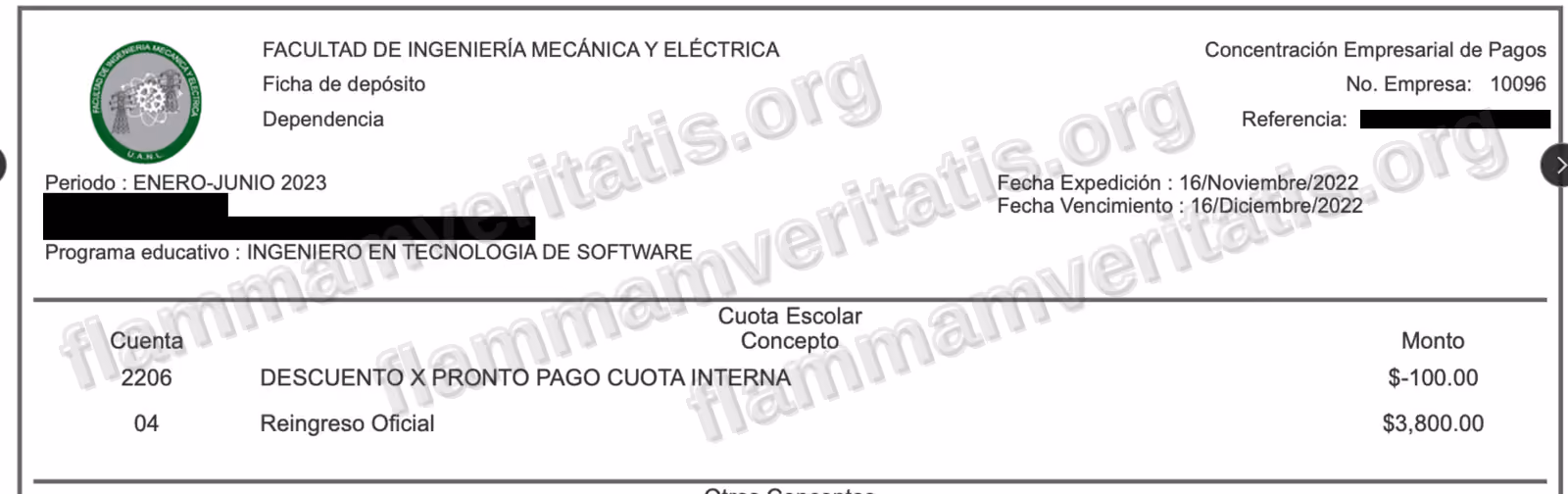 Boleta pagada de Tesorería General de la UANL, semestre enero-junio 2023, con el cargo de Reingreso Oficial de $3,800, un descuento por pronto pago de $100 y el desglose de conceptos en FIME. El nombre y la matrícula del alumno están cubiertos con una franja negra antes de publicar la imagen.