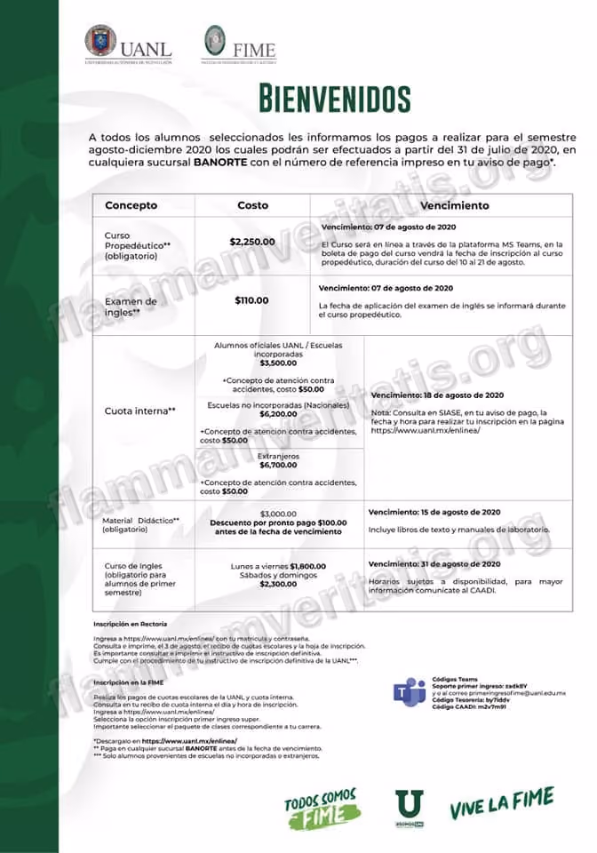 Tríptico oficial de FIME «Bienvenidos» con la tabla de pagos del semestre agosto-diciembre 2020: curso propedéutico, examen de inglés, cuota interna por procedencia del alumno, material didáctico y curso de inglés, cada uno con su costo y vencimiento.