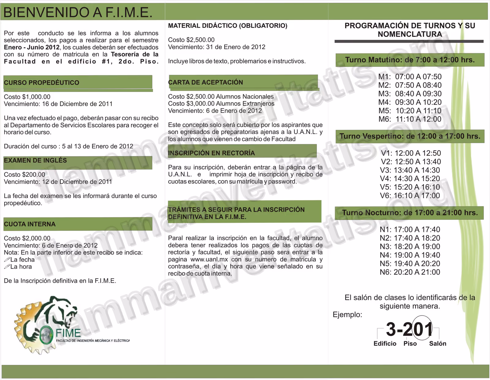 Tríptico oficial de FIME «Bienvenido a F.I.M.E.» con los pagos del semestre enero-junio 2012: curso propedéutico, examen de inglés, cuota interna y material didáctico, cada uno con su costo y fecha de vencimiento.